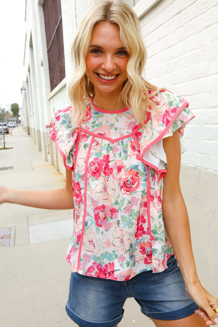 Southern Nights Pink Contrast Binding Floral Flutter Sleeve Tops - Nikki &amp; Co. Boutique