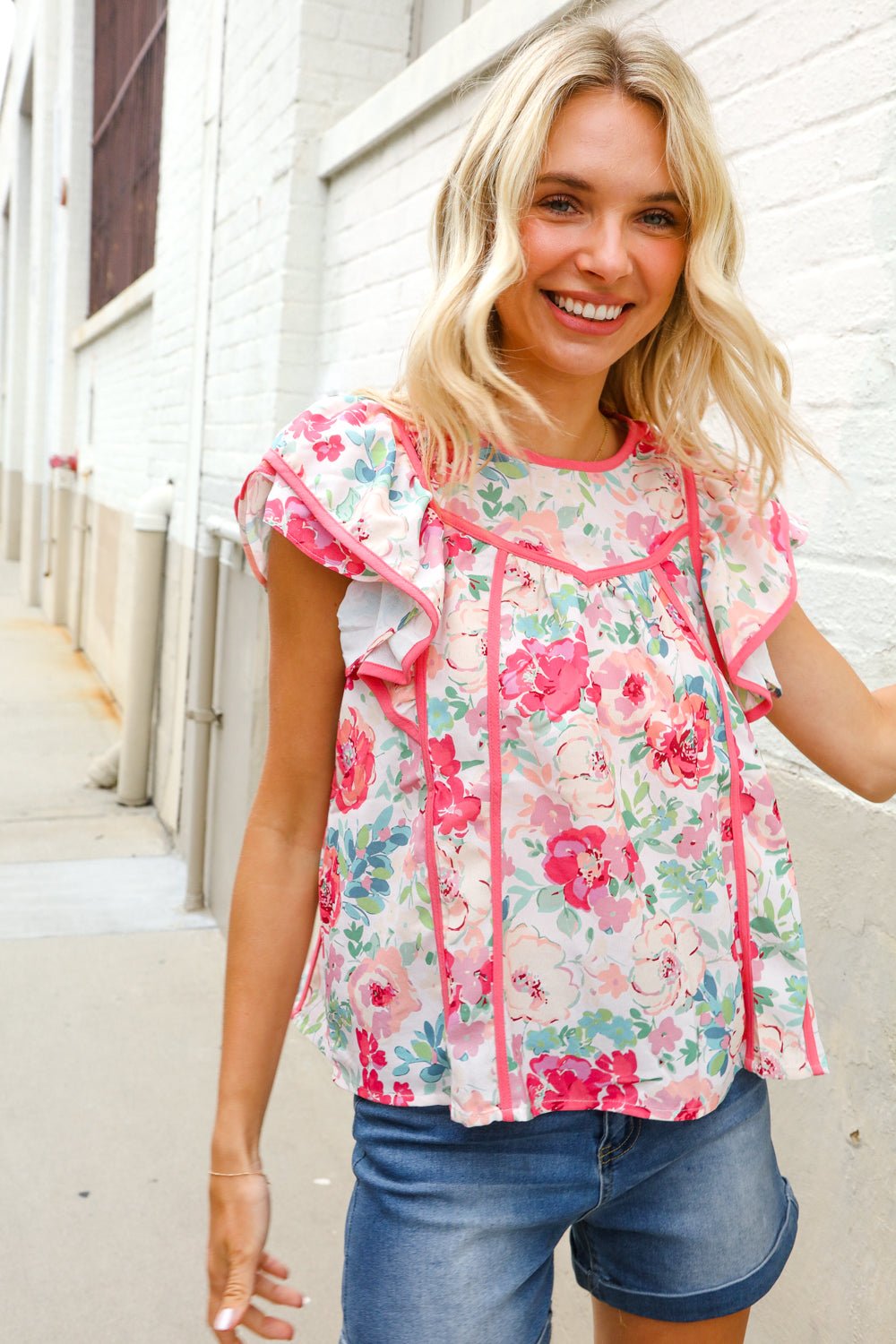 Southern Nights Pink Contrast Binding Floral Flutter Sleeve Tops - Nikki &amp; Co. Boutique