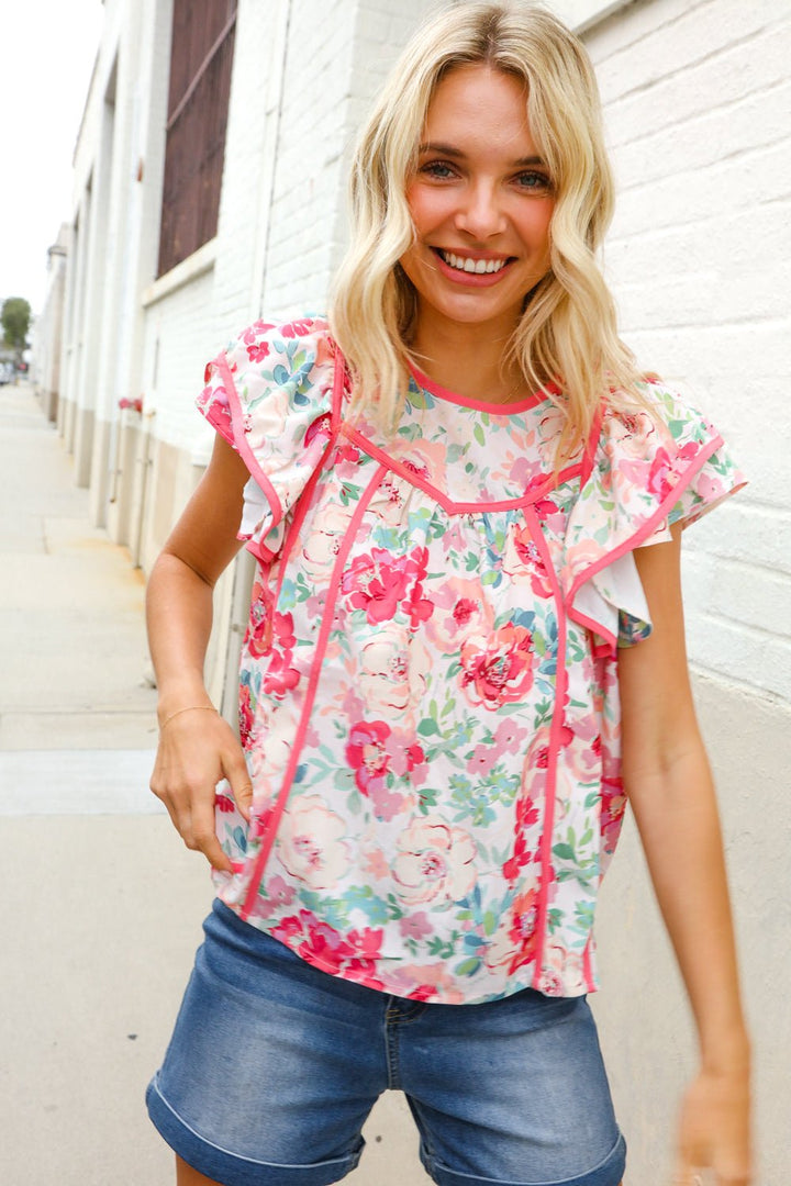 Southern Nights Pink Contrast Binding Floral Flutter Sleeve Tops - Nikki &amp; Co. Boutique