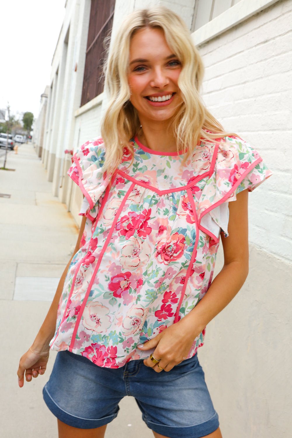 Southern Nights Pink Contrast Binding Floral Flutter Sleeve Tops - Nikki &amp; Co. Boutique