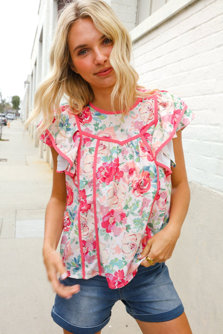Southern Nights Pink Contrast Binding Floral Flutter Sleeve Tops - Nikki &amp; Co. Boutique