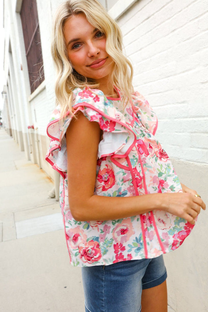 Southern Nights Pink Contrast Binding Floral Flutter Sleeve Tops - Nikki &amp; Co. Boutique