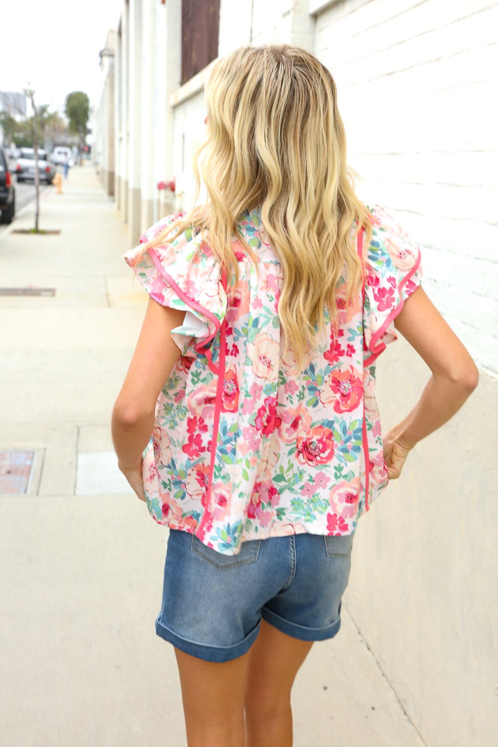 Southern Nights Pink Contrast Binding Floral Flutter Sleeve Tops - Nikki &amp; Co. Boutique