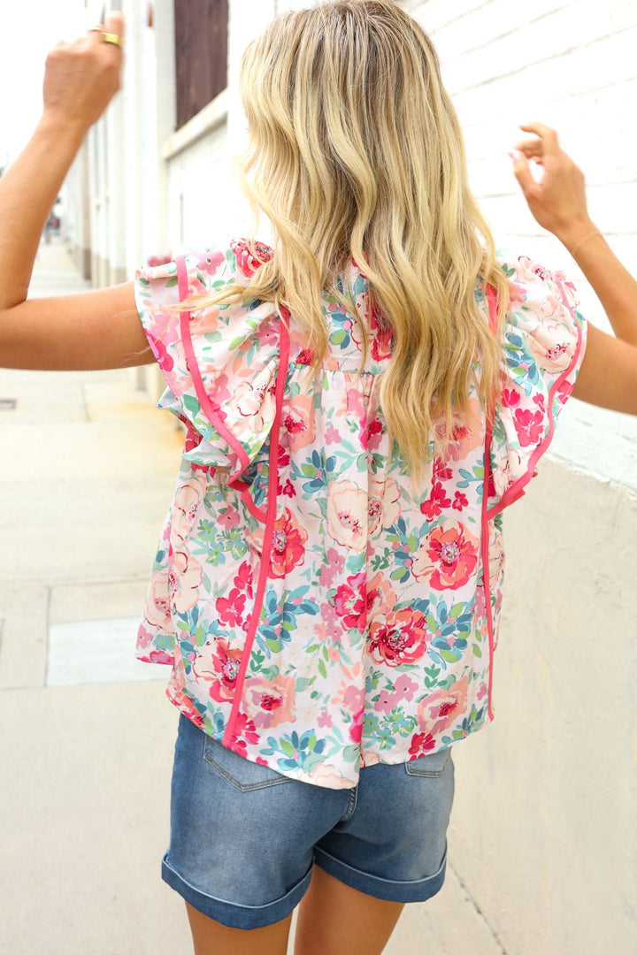Southern Nights Pink Contrast Binding Floral Flutter Sleeve Tops - Nikki &amp; Co. Boutique
