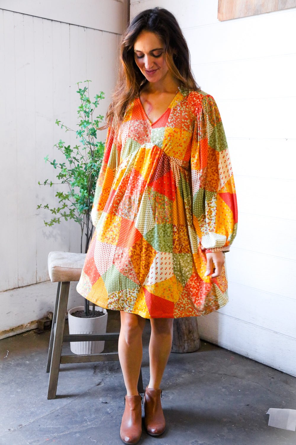 Harvest Patchwork Dreams Thermal Babydoll Bubble Dress - Nikki and Co Boutique