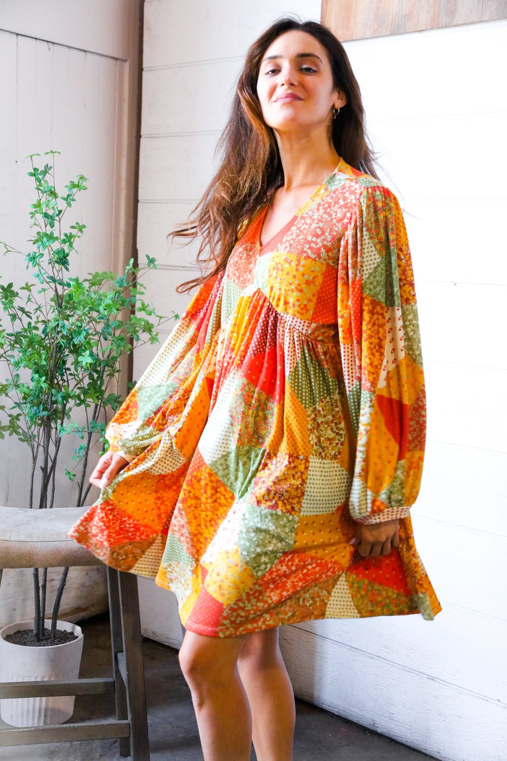 Harvest Patchwork Dreams Thermal Babydoll Bubble Dress - Nikki and Co Boutique