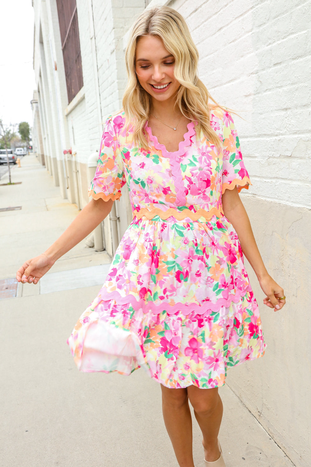 Beautiful You Rose Floral Print Ric Rack Trim Babydoll Dress | Nikki &amp; Co. Boutique