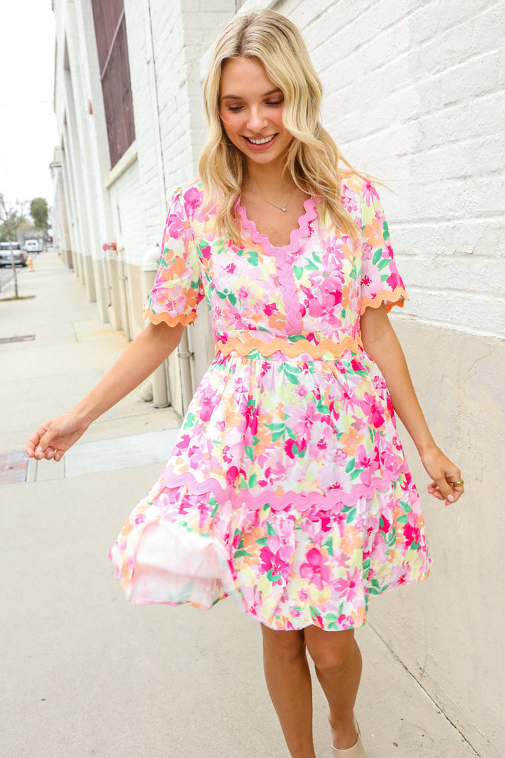 Beautiful You Rose Floral Print Ric Rack Trim Babydoll Dress | Nikki &amp; Co. Boutique