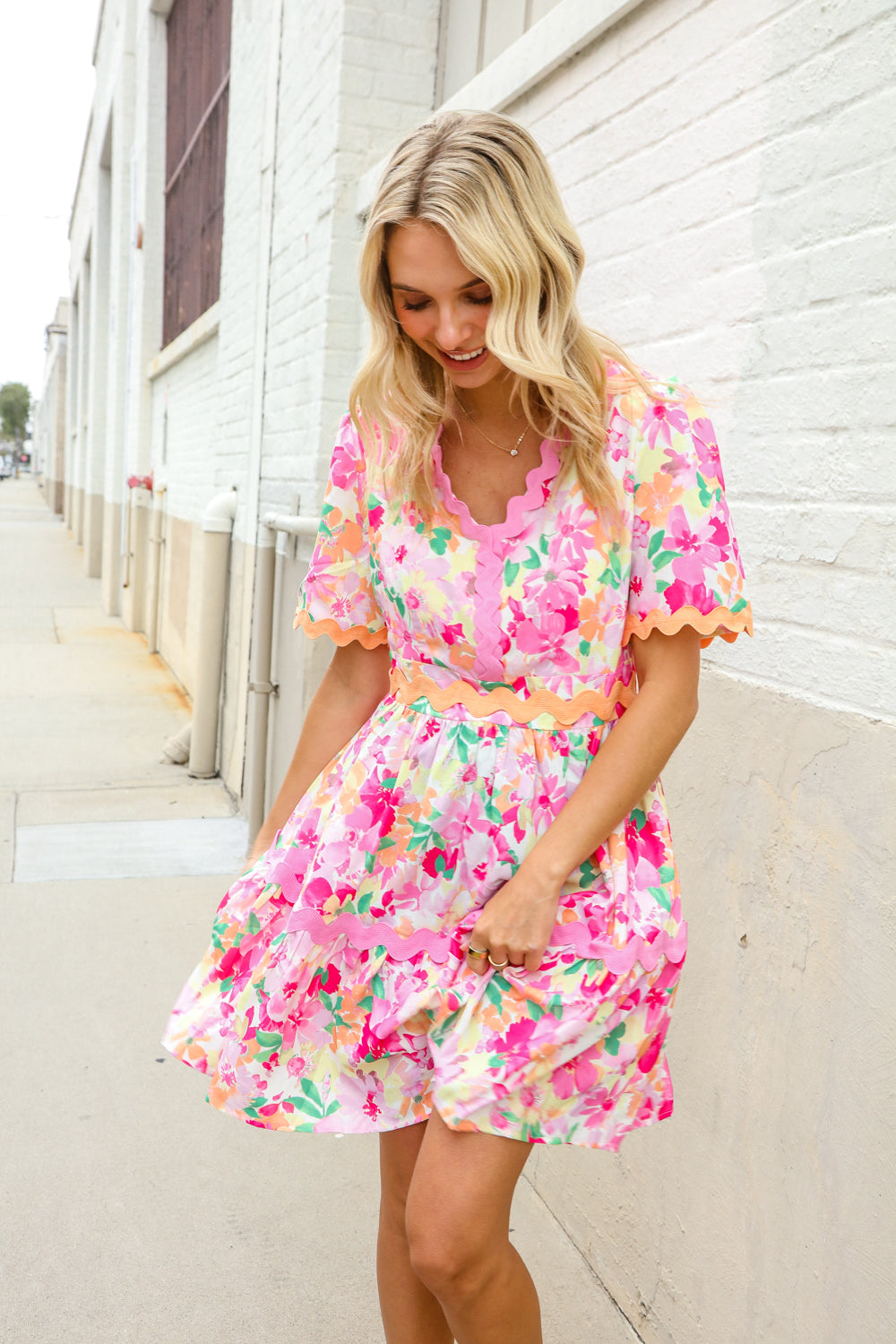 Beautiful You Rose Floral Print Ric Rack Trim Babydoll Dress