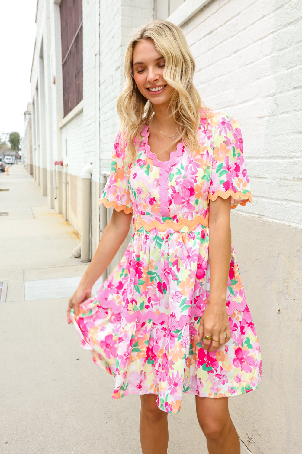 Beautiful You Rose Floral Print Ric Rack Trim Babydoll Dress | Nikki &amp; Co. Boutique