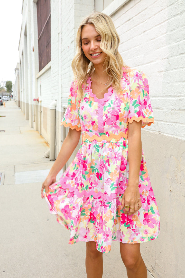 Beautiful You Rose Floral Print Ric Rack Trim Babydoll Dress | Nikki &amp; Co. Boutique