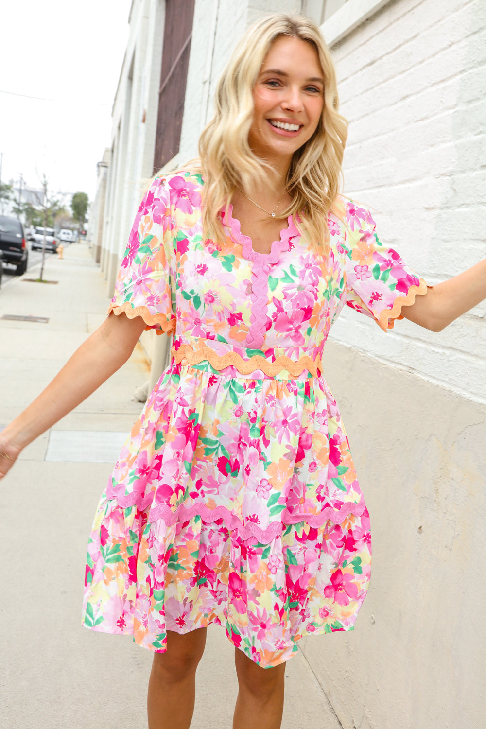 Beautiful You Rose Floral Print Ric Rack Trim Babydoll Dress | Nikki &amp; Co. Boutique
