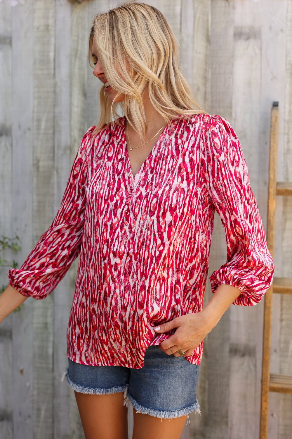 Perfectly You Berry Satin Button - Down V Neck Blouse - Nikki & Co. Boutique