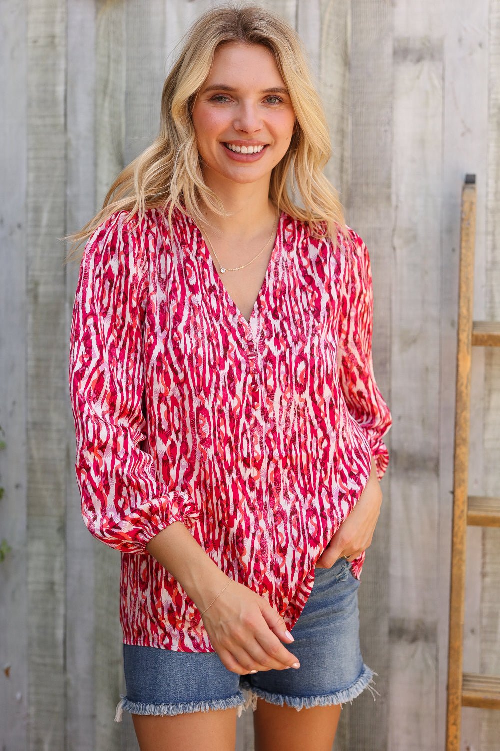 Perfectly You Berry Satin Button - Down V Neck Blouse - Nikki & Co. Boutique