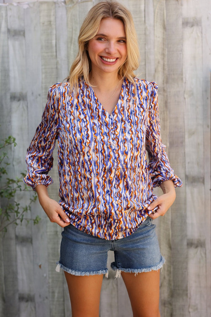 On A Wild Streak V Neck Fabric Button Detail Blouse - Nikki &amp; Co. Boutique