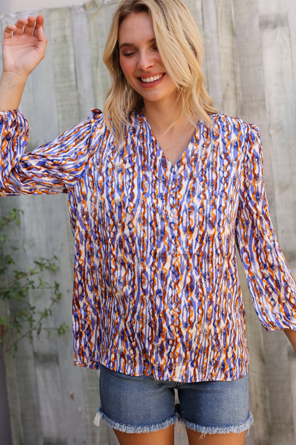 On A Wild Streak V Neck Fabric Button Detail Blouse - Nikki &amp; Co. Boutique