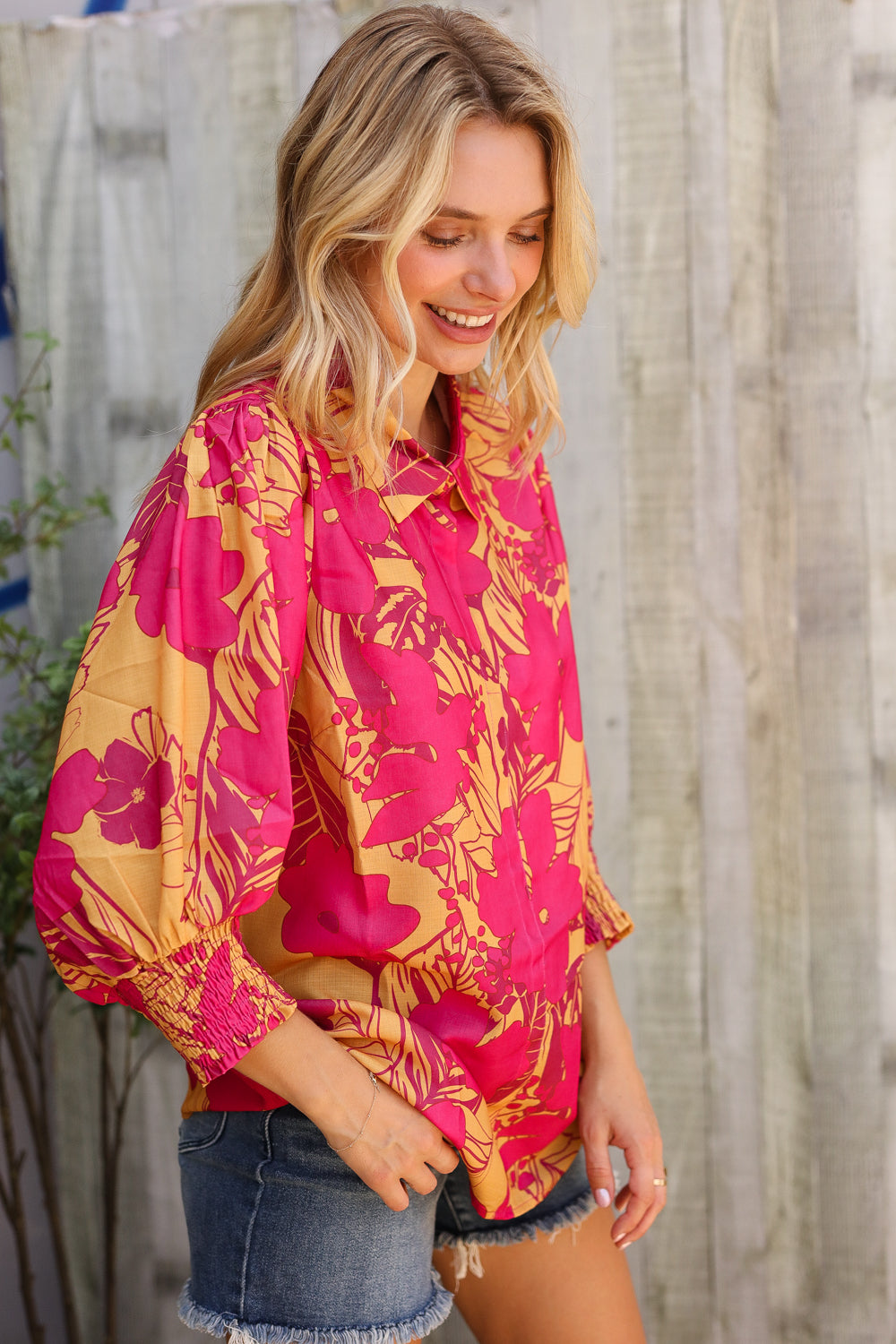 Elegant In Fuchsia Satin Button-Down Smock Long Sleeve Blouse