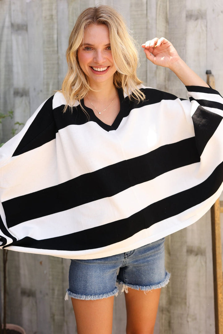 The Traveler Black/White Stripe Dolman Notch Neck Sweater Poncho - Nikki &amp; Co. Boutique