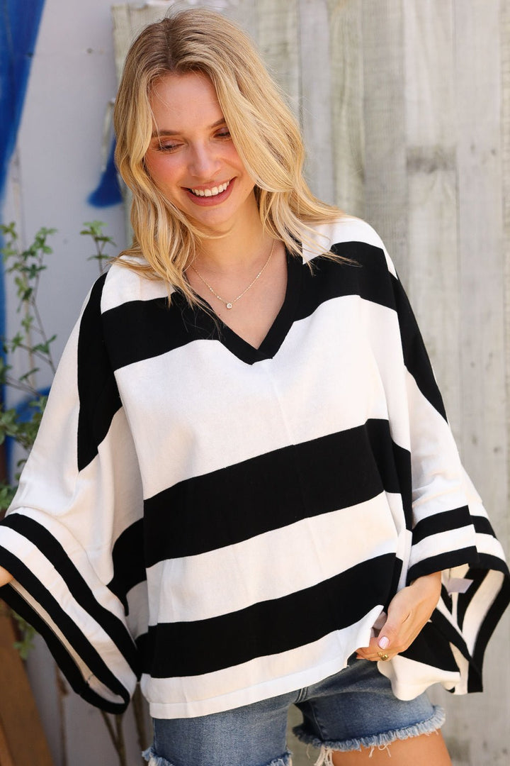 The Traveler Black/White Stripe Dolman Notch Neck Sweater Poncho - Nikki &amp; Co. Boutique