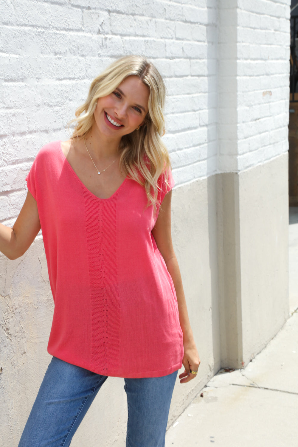 Summer Vibes Coral Relaxed Fit Jacquard Knitted Tops | Nikki &amp; Co. Boutique