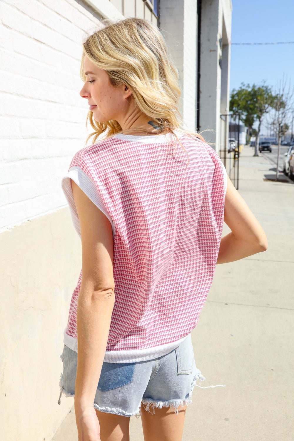 Lock Eyes Pink &amp; Ivory Jacquard Waffle Knit Banded Sleeveless Top - Nikki &amp; Co. Boutique