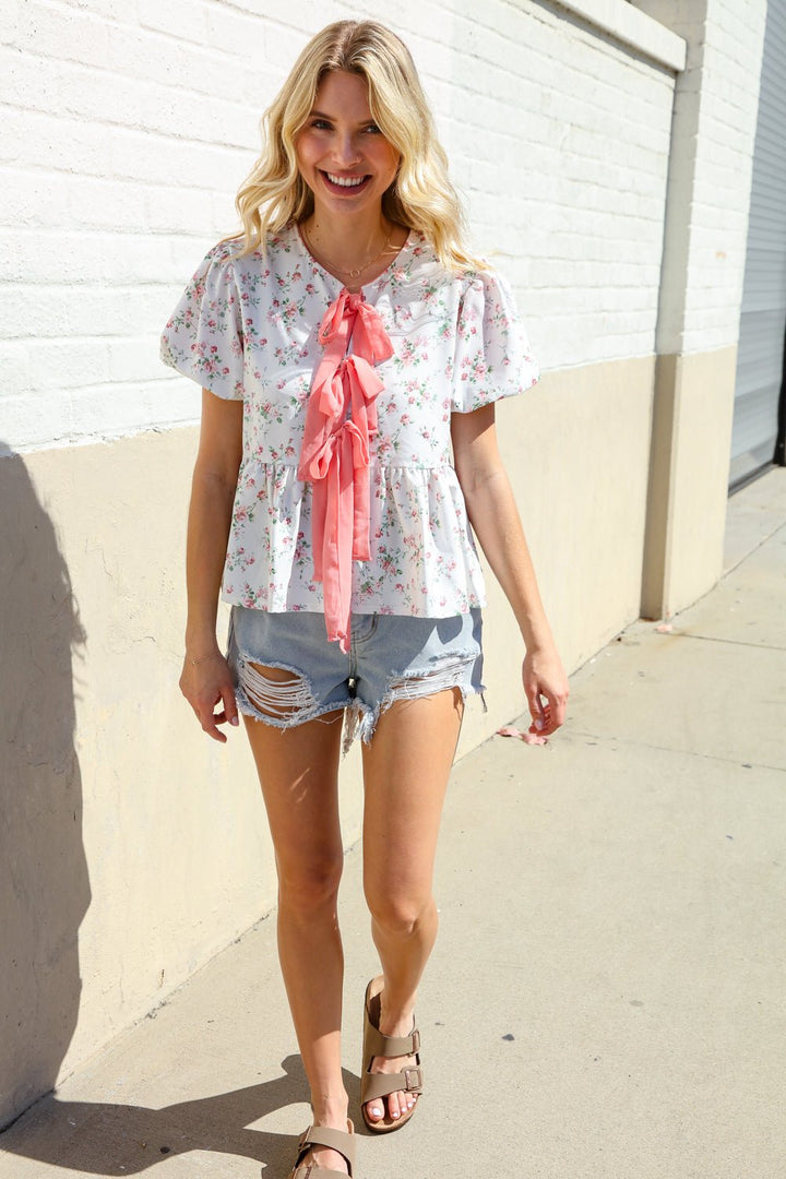 Feeling Femme Ivory Ribbon Bow Tie Folded Puff Sleeve Tops - Nikki &amp; Co. Boutique