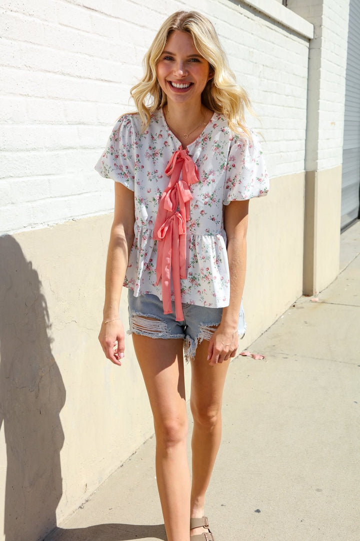 Feeling Femme Ivory Ribbon Bow Tie Folded Puff Sleeve Tops - Nikki &amp; Co. Boutique
