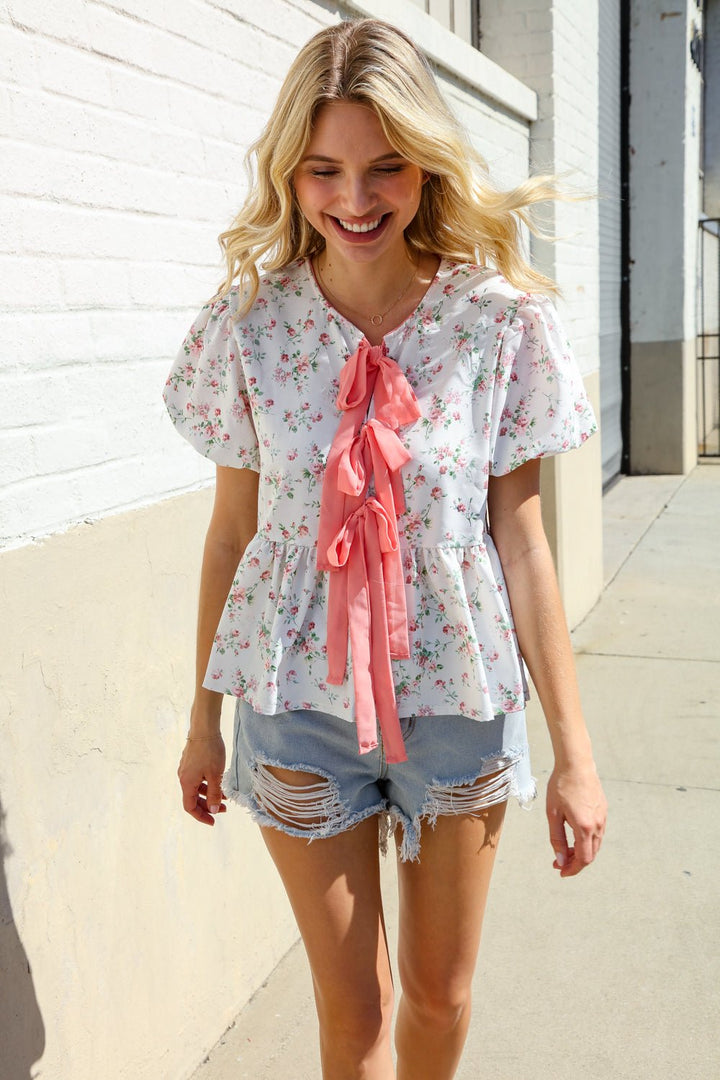 Feeling Femme Ivory Ribbon Bow Tie Folded Puff Sleeve Tops - Nikki &amp; Co. Boutique
