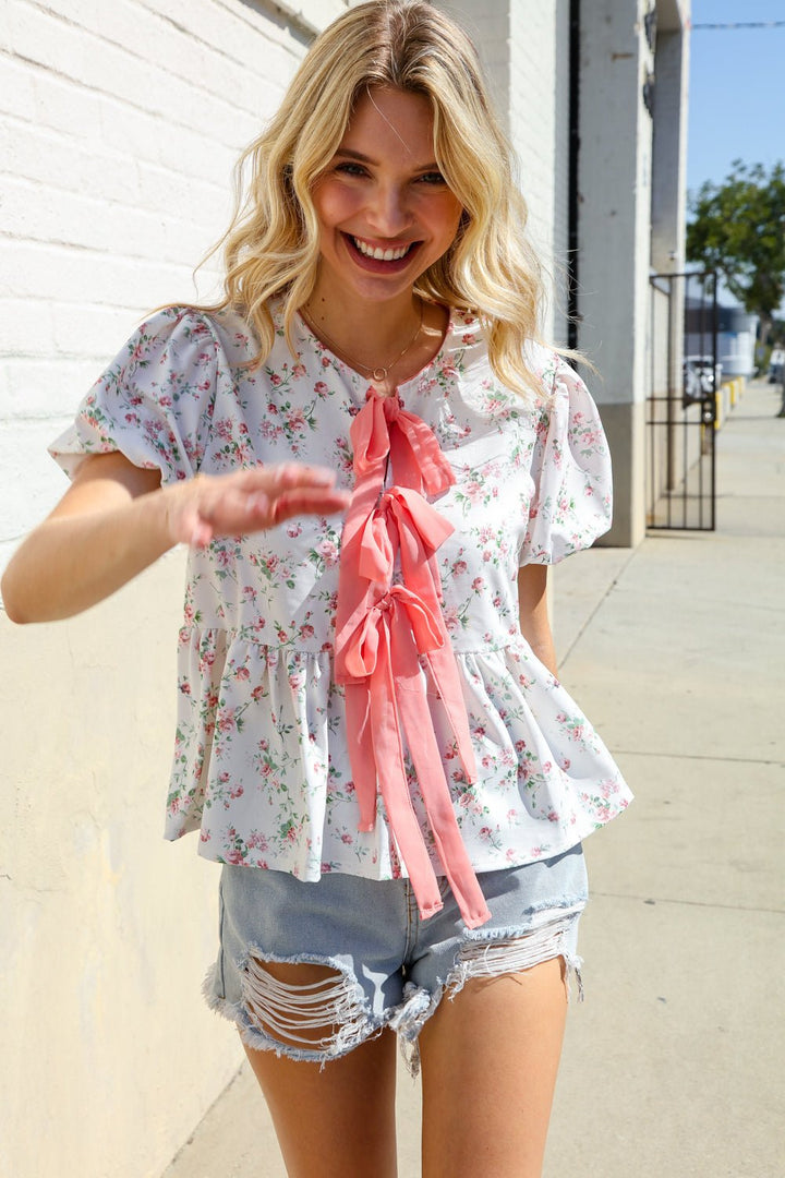 Feeling Femme Ivory Ribbon Bow Tie Folded Puff Sleeve Tops - Nikki &amp; Co. Boutique