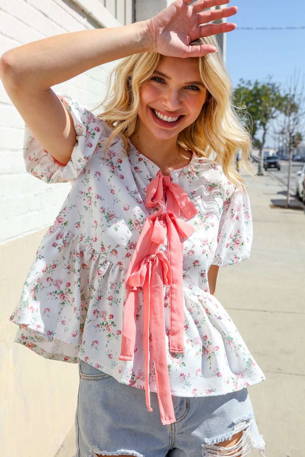 Feeling Femme Ivory Ribbon Bow Tie Folded Puff Sleeve Tops - Nikki &amp; Co. Boutique