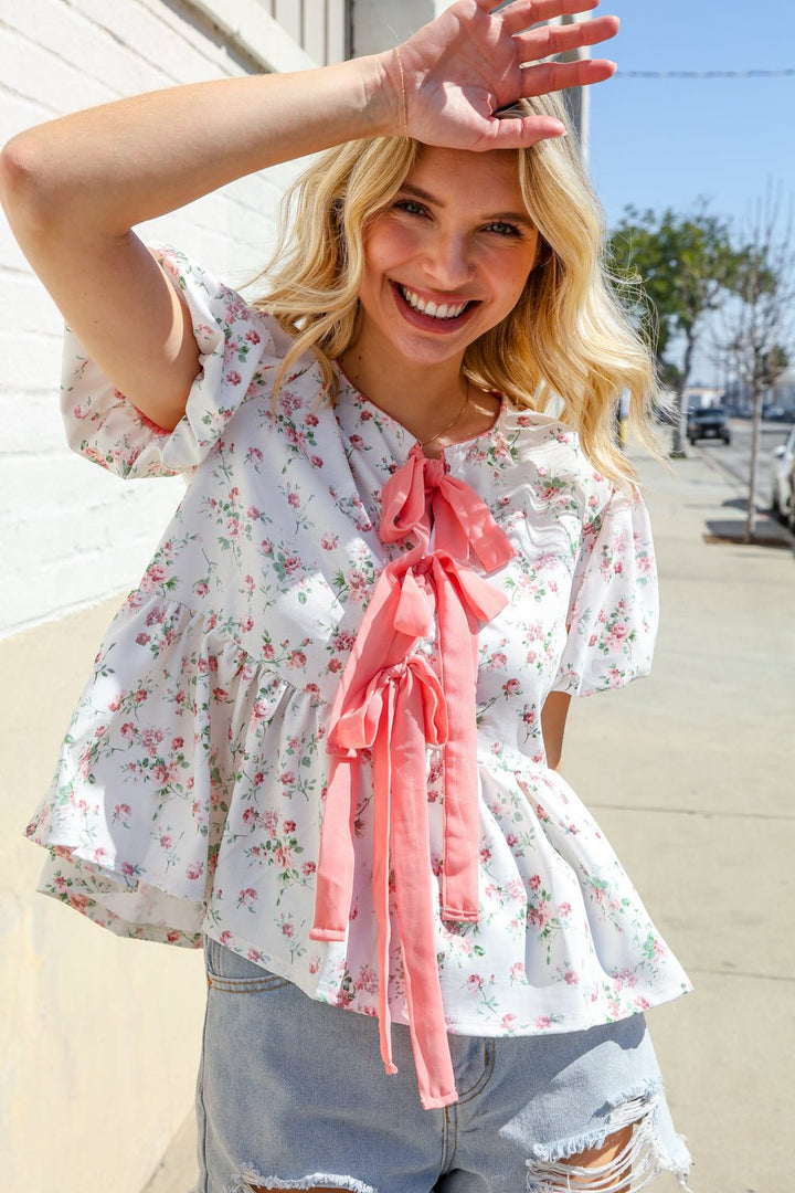 Feeling Femme Ivory Ribbon Bow Tie Folded Puff Sleeve Tops - Nikki &amp; Co. Boutique