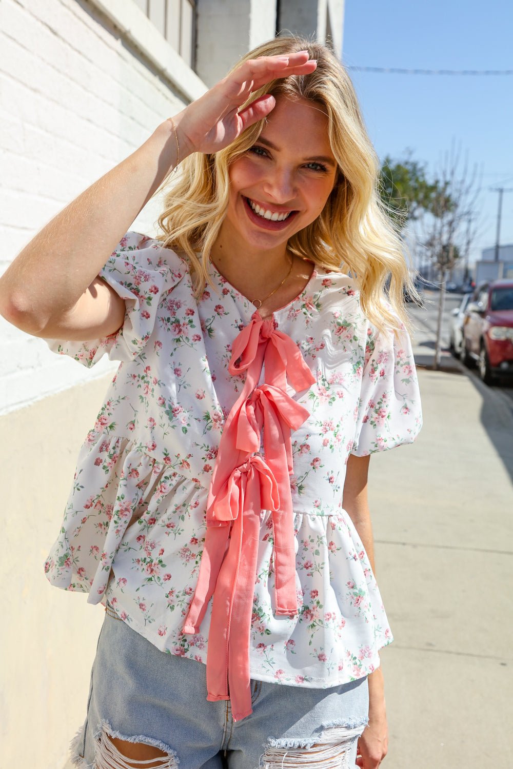Feeling Femme Ivory Ribbon Bow Tie Folded Puff Sleeve Tops - Nikki &amp; Co. Boutique