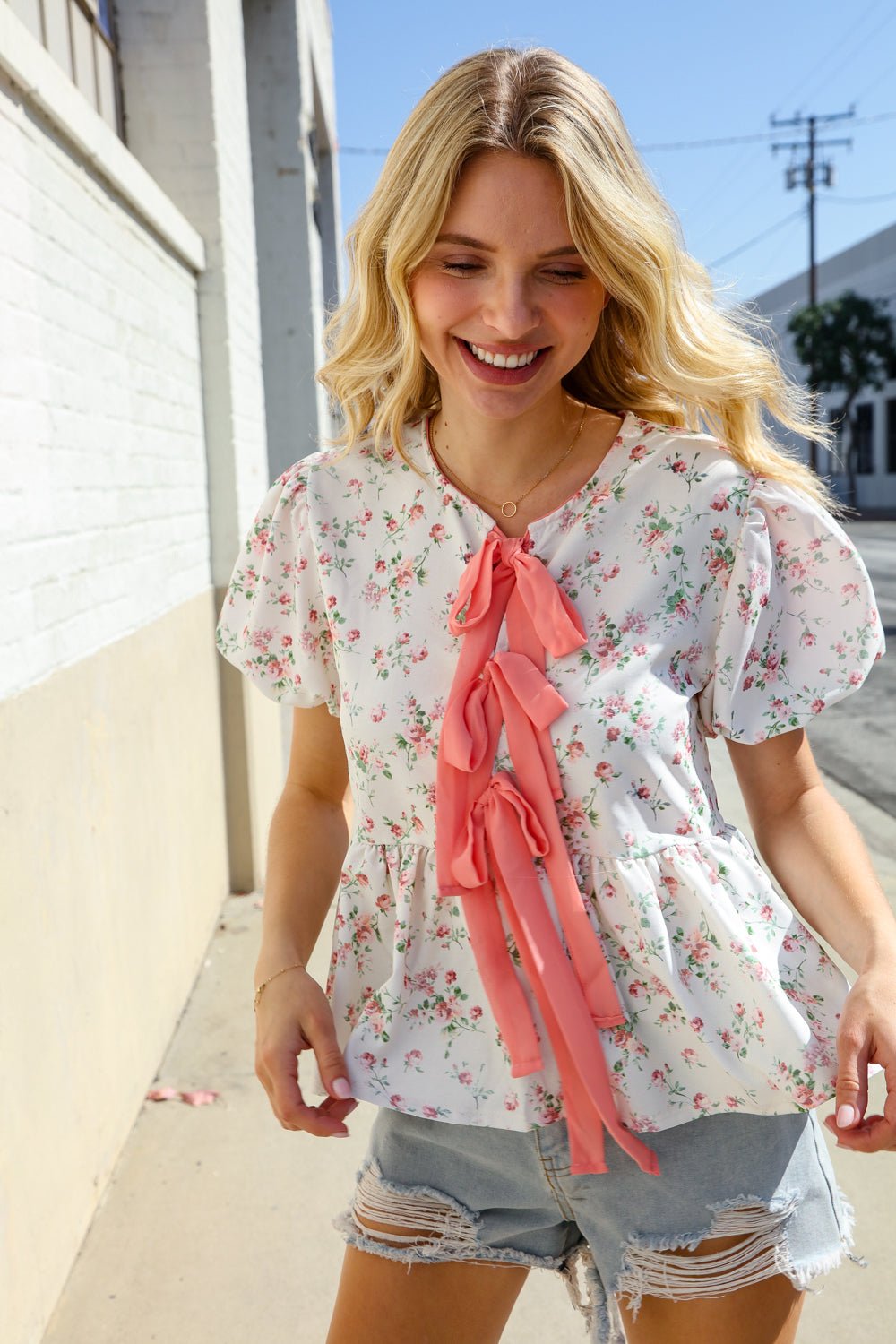 Feeling Femme Ivory Ribbon Bow Tie Folded Puff Sleeve Tops - Nikki &amp; Co. Boutique