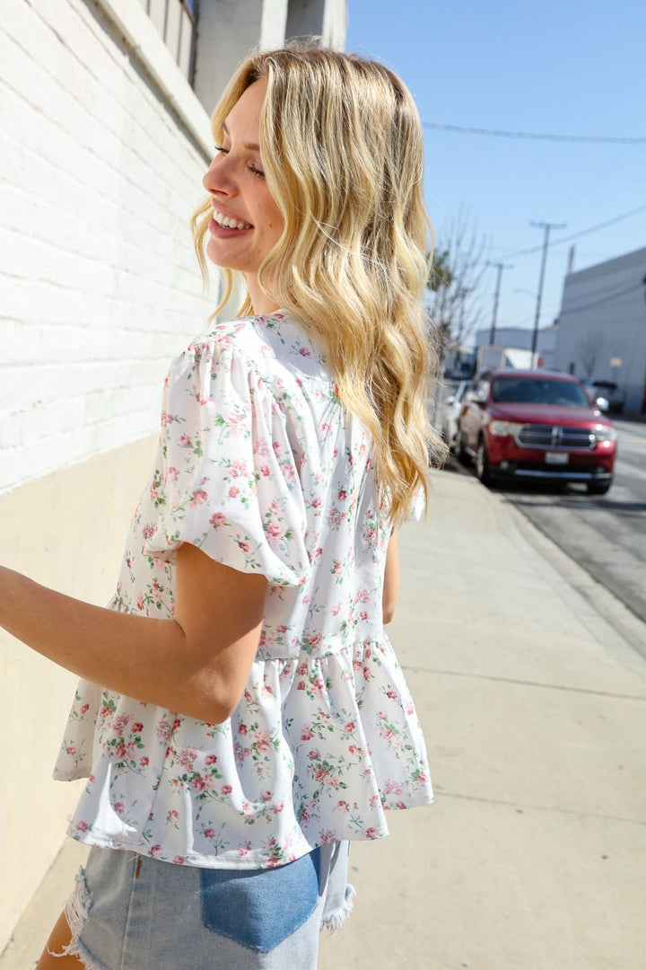 Feeling Femme Ivory Ribbon Bow Tie Folded Puff Sleeve Tops - Nikki &amp; Co. Boutique