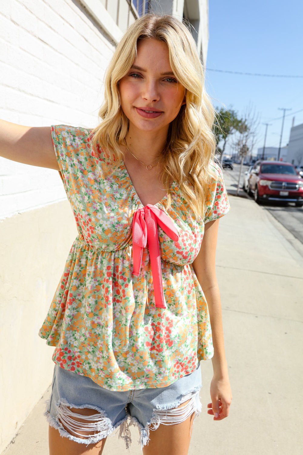 Be Charming Sage Floral Print Elastic Neck Ribbon Bow Tie Tops - Nikki &amp; Co. Boutique