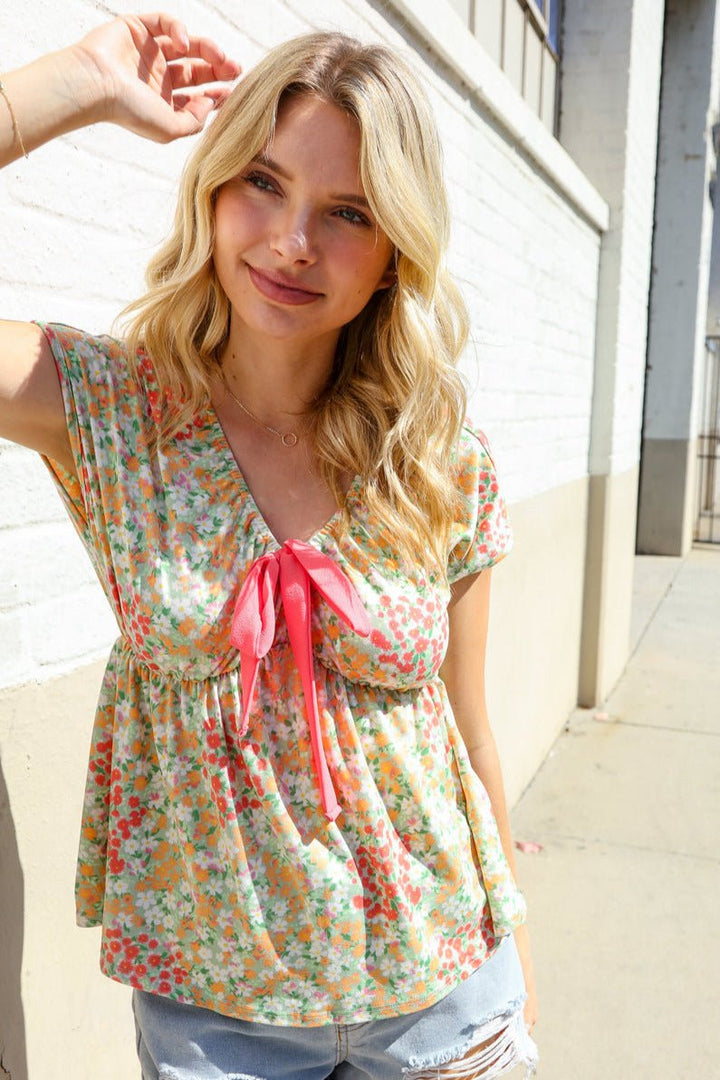 Be Charming Sage Floral Print Elastic Neck Ribbon Bow Tie Tops - Nikki &amp; Co. Boutique