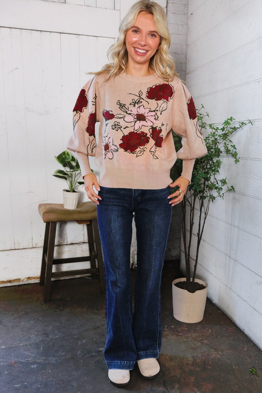 Scarlet Petals Bubble Sleeve Sweater - Nikki &amp; Co. Boutique