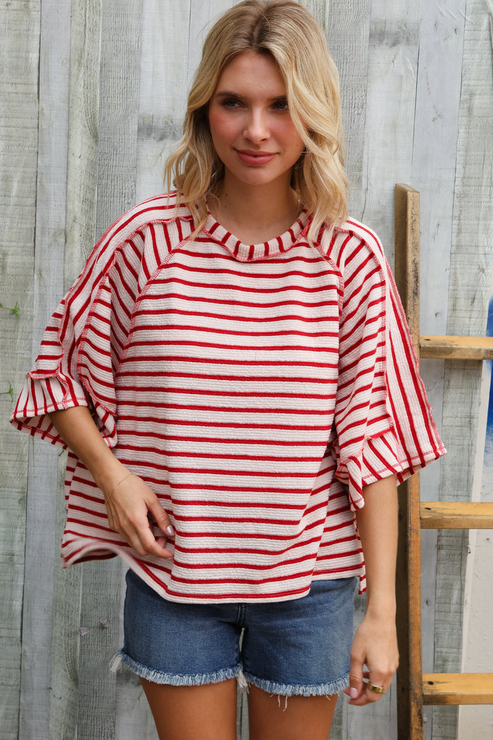Casual Chic Cotton Red & Cream Stripe Raglan 3/4 Sleeve Pullover