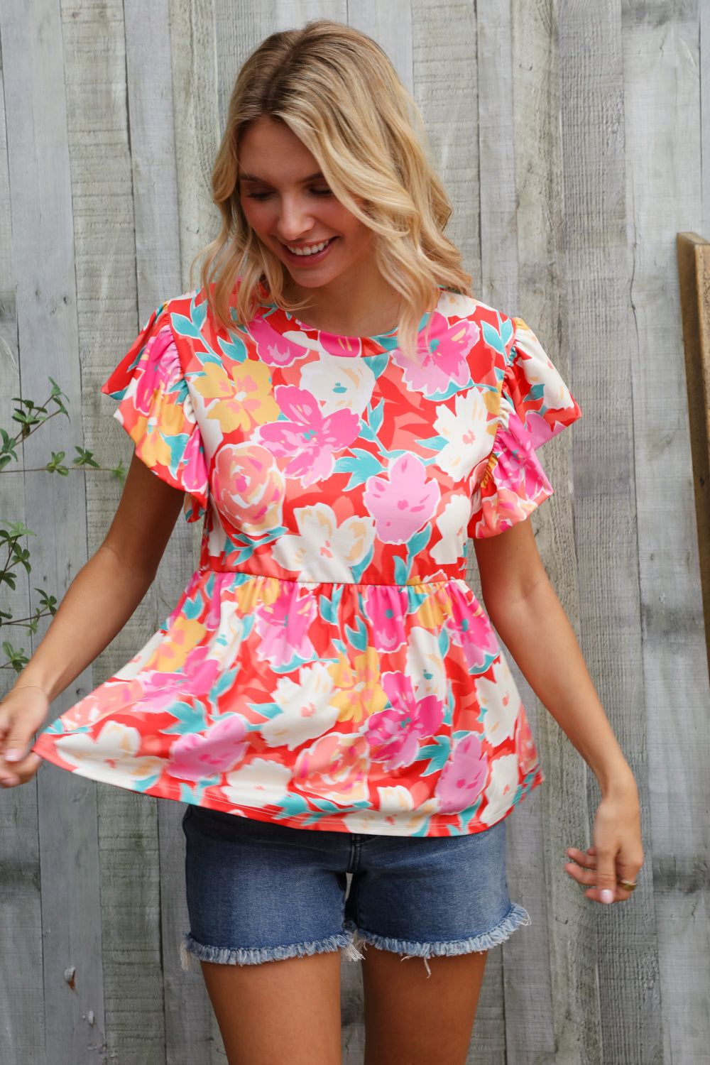 Feeling Femme' Coral Floral Print Folded Short Sleeve Babydoll Top