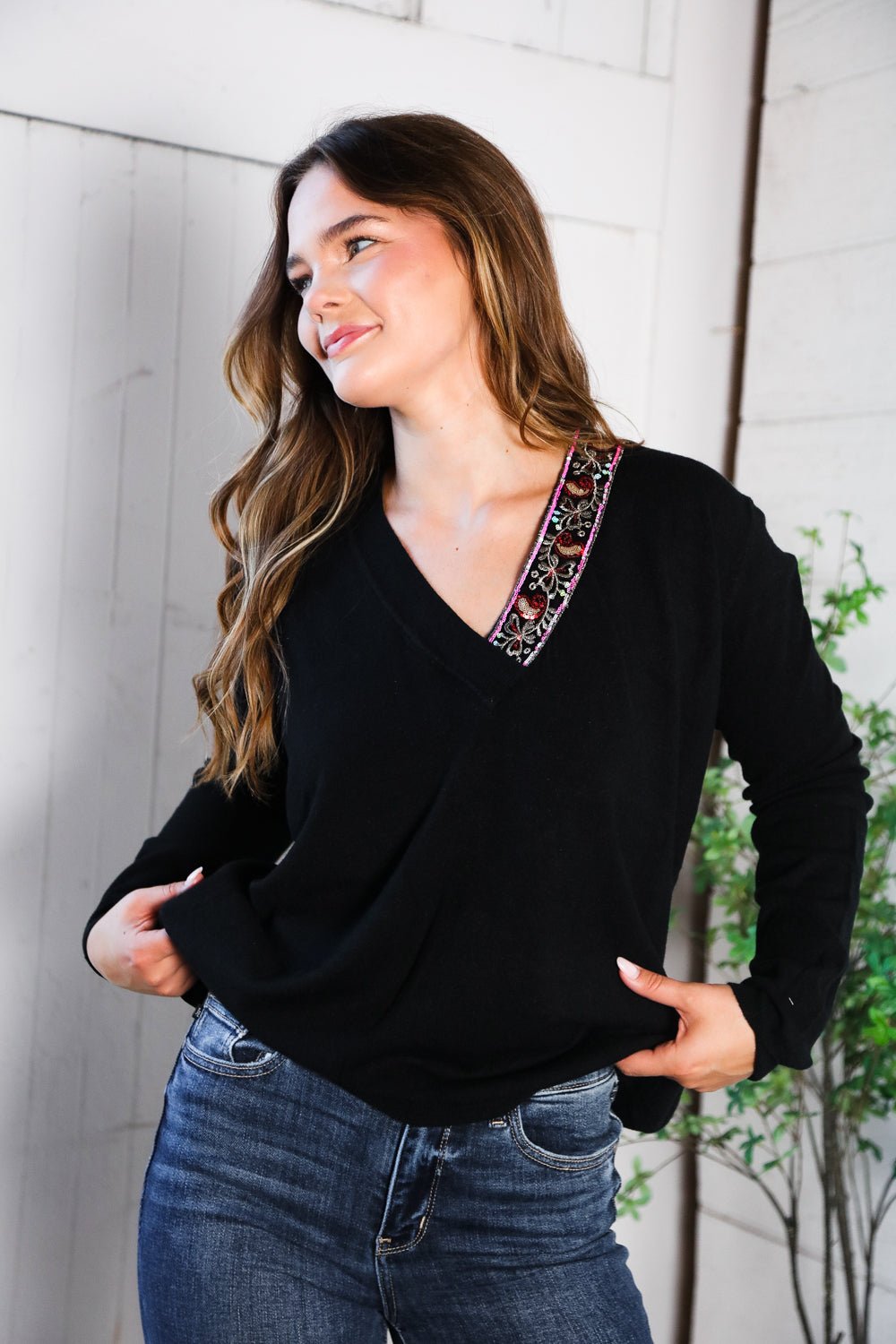 Twilight Charms Beaded V Neck Sweater | Nikki &amp; Co. Boutique