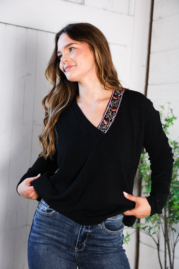 Twilight Charms Beaded V Neck Sweater | Nikki &amp; Co. Boutique
