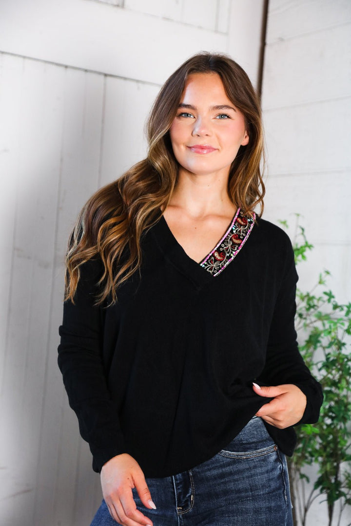 Twilight Charms Beaded V Neck Sweater | Nikki &amp; Co. Boutique