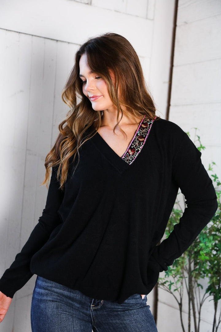 Twilight Charms Beaded V Neck Sweater | Nikki &amp; Co. Boutique