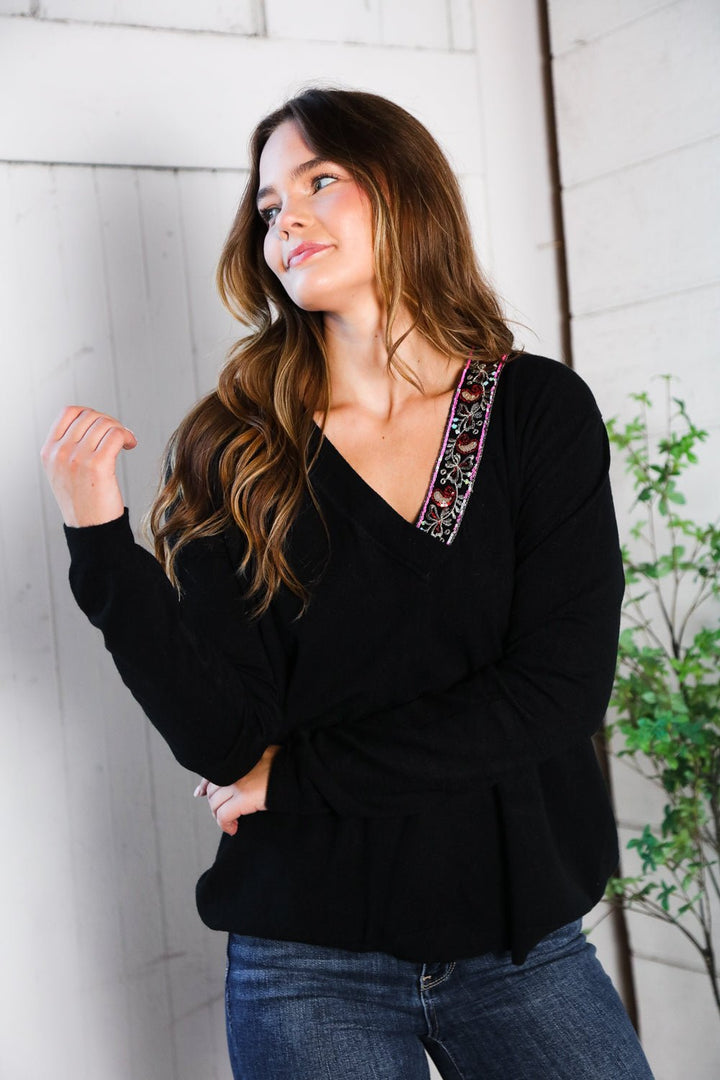 Twilight Charms Beaded V Neck Sweater | Nikki &amp; Co. Boutique