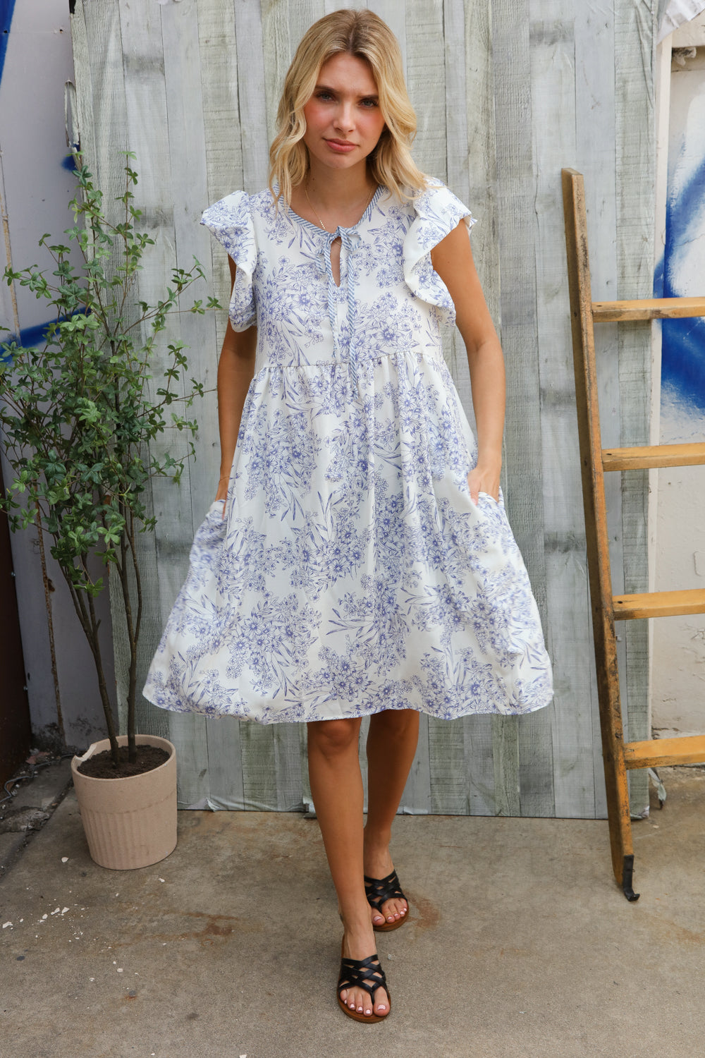 Vintage Vibes Dusty Blue Folded Ruffle Shorts Sleeve Babydoll Dress | Nikki &amp; Co. Boutique