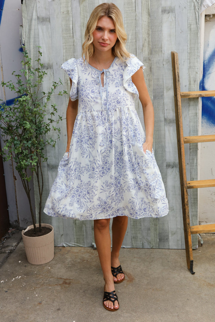 Vintage Vibes Dusty Blue Folded Ruffle Shorts Sleeve Babydoll Dress | Nikki &amp; Co. Boutique