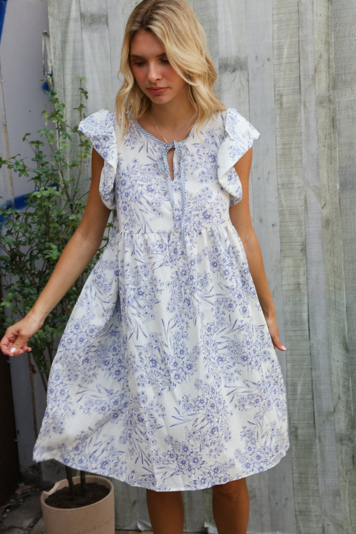 Vintage Vibes Dusty Blue Folded Ruffle Shorts Sleeve Babydoll Dress | Nikki &amp; Co. Boutique