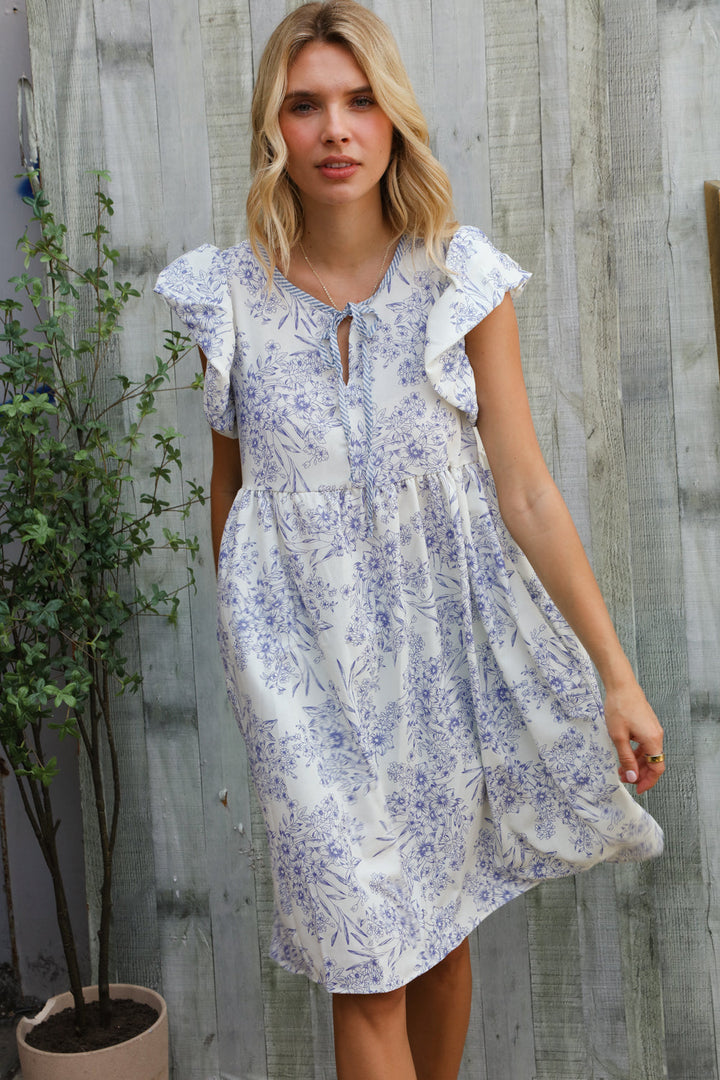 Vintage Vibes Dusty Blue Folded Ruffle Shorts Sleeve Babydoll Dress | Nikki &amp; Co. Boutique