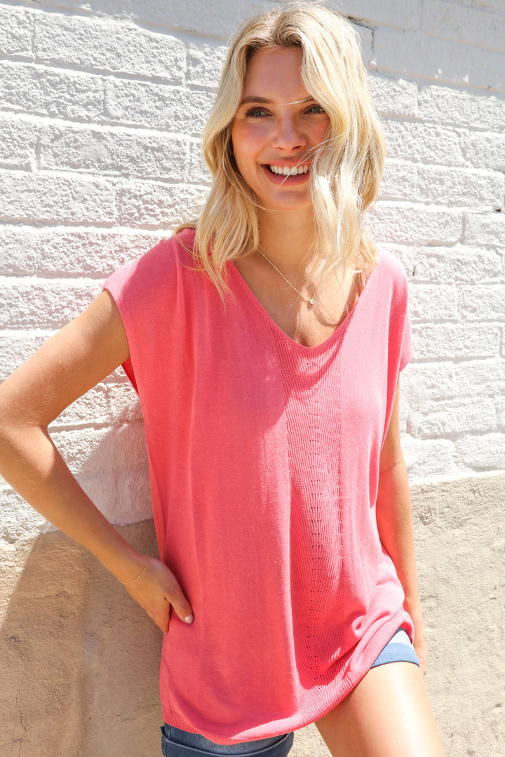 Summer Vibes Coral Relaxed Fit Jacquard Knitted Tops | Nikki &amp; Co. Boutique