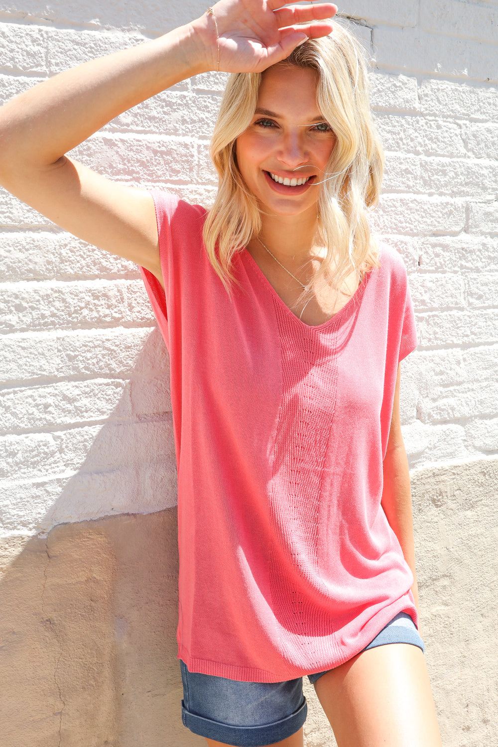 Summer Vibes Coral Relaxed Fit Jacquard Knitted Tops | Nikki &amp; Co. Boutique